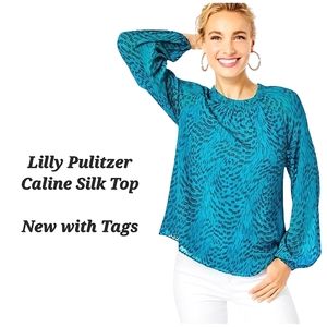 NEW Lilly Pulitzer Caline Silk Top Teal Metallic Long Sleeves Ruffled Collar